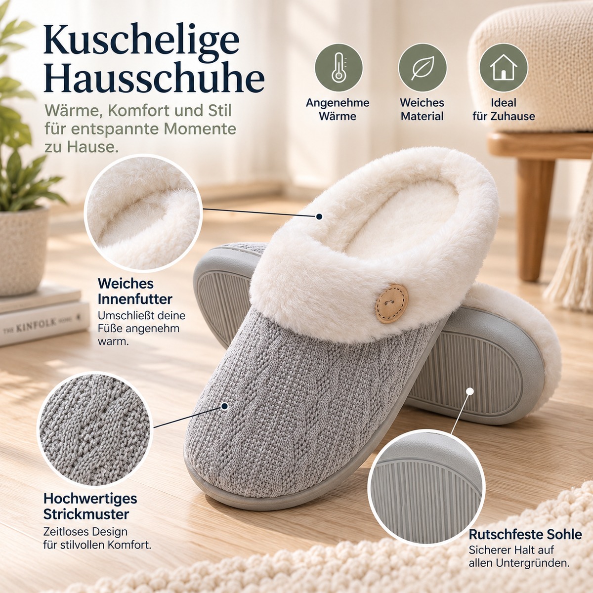 Warme Hausschuhe mit rutschfester Sohle | WärmeLivia